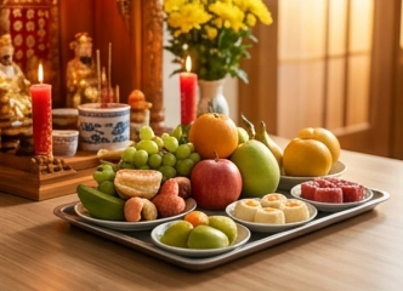 Người kinh doanh sửa soạn mâm lễ chay dâng lên ban Đức Ông tại chùa để cầu mong duyên bán hàng suôn sẻ