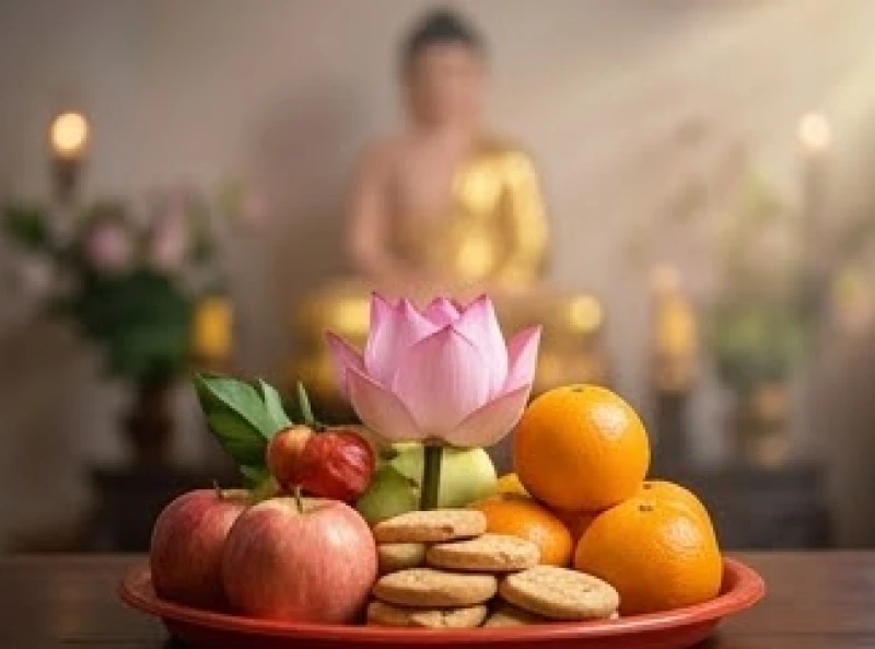 Văn khấn cầu duyên: Trình tự dâng lễ, viết sớ và tạ lễ bài bản 7 Mâm lễ chay thanh tịnh gồm hoa sen và quả ngọt dâng lên ban Tam Bảo
