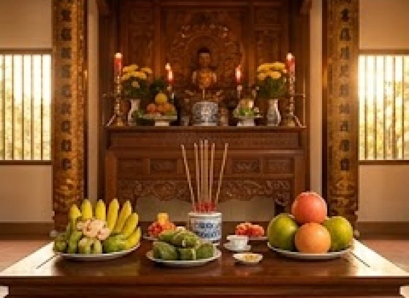 Các khay lễ vật chay được sắp xếp ngăn nắp trên ban Tam Bảo tại ngôi chùa cổ kính vào dịp lễ đầu năm