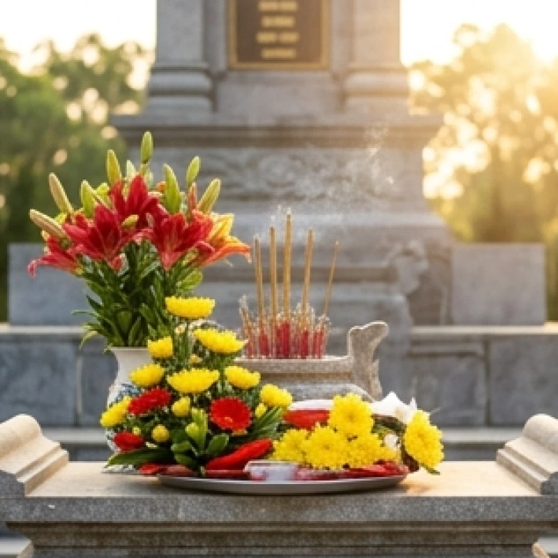 Mâm lễ với hoa cúc vàng và huệ đỏ dâng lên ban thờ chính tại đài tưởng niệm nghĩa trang Hàng Dương
