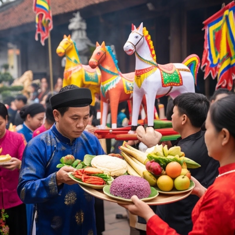 Mâm lễ mặn dâng cầu tài lộc tại Đền Ông Hoàng Bảy trong không gian tấp nập du khách hành hương