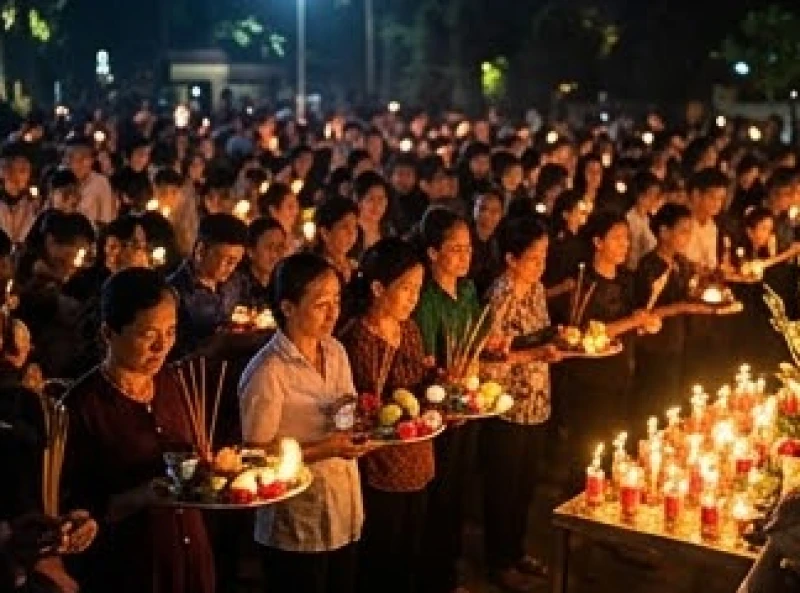Khung cảnh đông đúc người dân xếp hàng dâng lễ tại khu vực mộ Cô Sáu rực rỡ ánh đèn nến