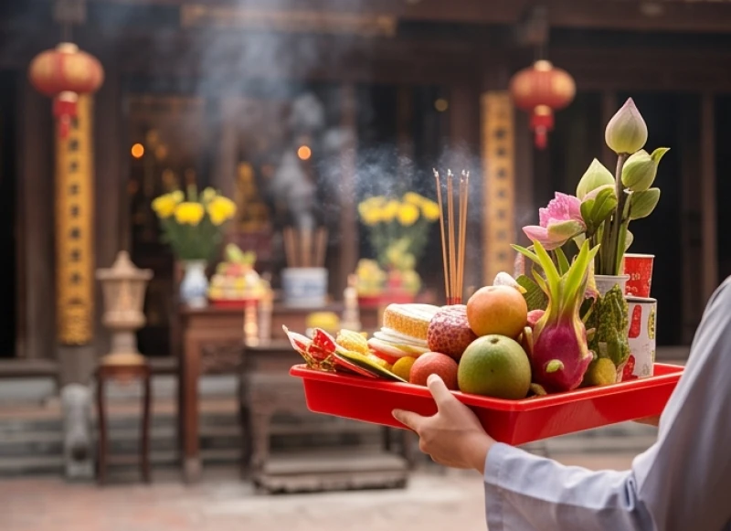 Người hành hương thành kính bưng mâm lễ vật tiến vào điện thờ chính của phủ Mẫu để tấu trình