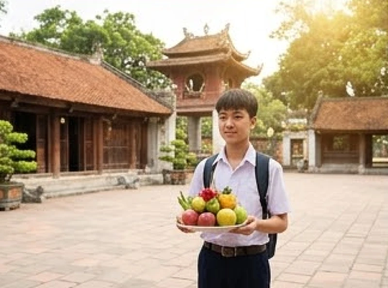 Văn khấn báo cáo gia tiên khi thi đỗ: Bài cúng & mâm lễ tạ ơn 9 Sĩ tử dâng mâm lễ chay thanh tịnh gồm hoa quả và sớ báo công tại sân khuôn viên Văn Miếu Quốc Tử Giám