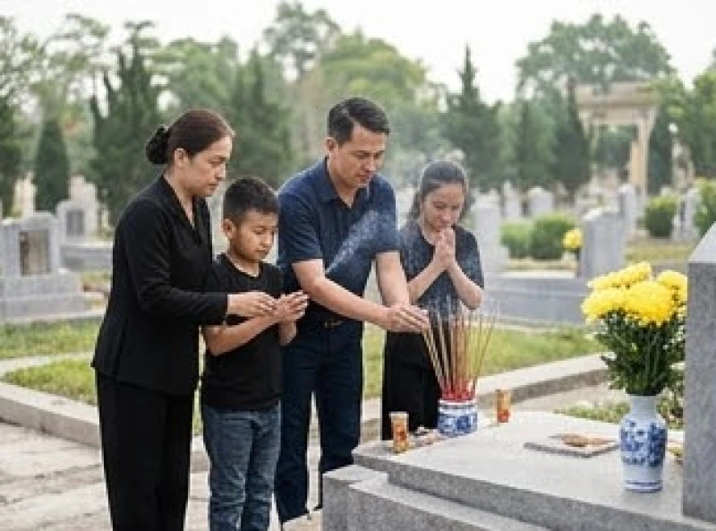 Văn khấn khi thăm mộ: Bài cúng chuẩn tâm linh và trình tự hành lễ 1 Người đại diện gia đình kính cẩn dâng lễ và thắp hương tại khu vực nghĩa trang trang nghiêm