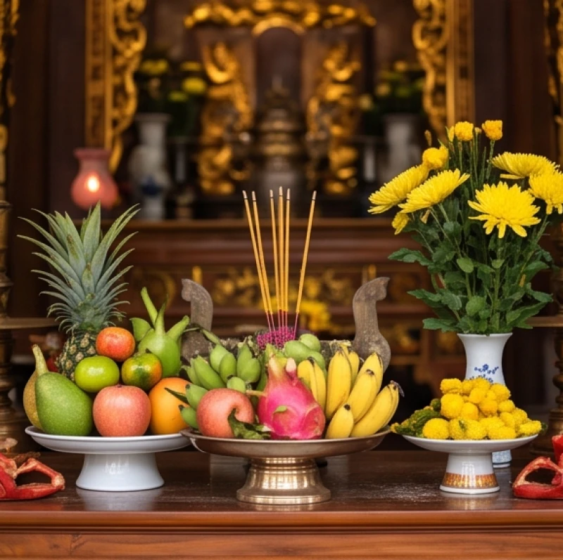 Mơ Thấy Đi Lễ Đền Là Điềm Báo Gì? Giải Mã Chi Tiết & Số Lộc 9 Mâm lễ vật trang trọng với hoa tươi quả ngọt được bày biện cẩn thận trước án gian thờ