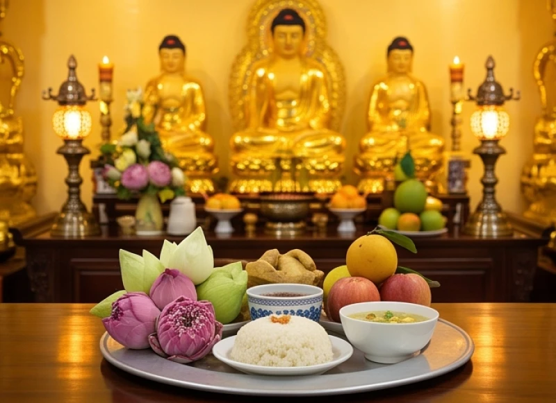 Văn khấn giỗ người mất trẻ: Bài khấn chuẩn & cách sắm mâm lễ 8 Mâm lễ chay thanh khiết với hoa sen tươi dâng lên ban Tam Bảo tại ngôi chùa cổ kính