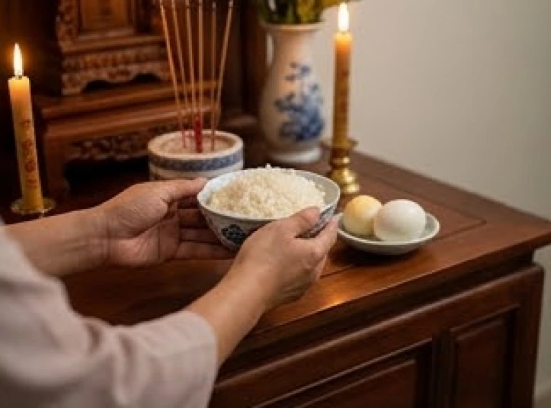 Văn khấn cầu siêu 49 ngày: Bài cúng chuẩn danh xưng cha mẹ 2 Người thân dâng bát cơm úp và quả trứng luộc lên bàn thờ vong linh giữa không gian ấm cúng tại gia