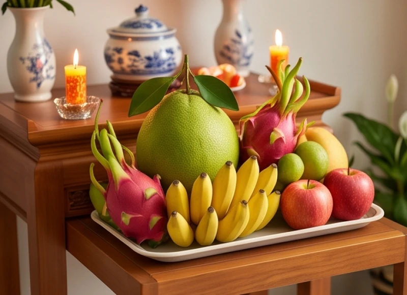 Mâm ngũ quả tươi ngon dâng lên ban thờ trong ngày đại tiệc của Tam Tòa Thánh Mẫu