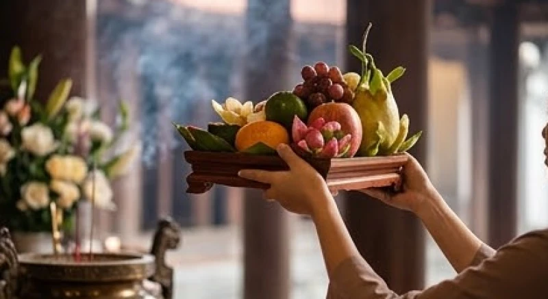 Văn khấn Vua Cha Bát Hải: Bản đầy đủ, rút gọn và quy trình hành lễ 5 Tín chủ nâng mâm lễ vật bằng hai tay vô cùng trang trọng và cẩn thận bước vào không gian cung thờ