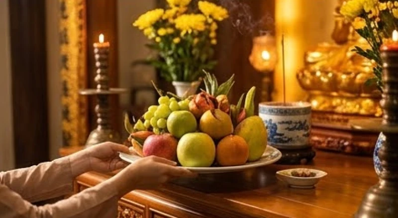 Người đi lễ cẩn thận đặt mâm cúng lên ban thờ và châm hương trong tĩnh lặng