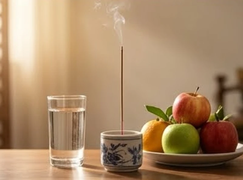 Mơ thấy Địa Tạng Vương Bồ Tát: Giải mã điềm báo và cách trì chú 8 Một ly nước trong và đĩa trái cây tươi được đặt trang nghiêm trên bàn thờ gia tiên