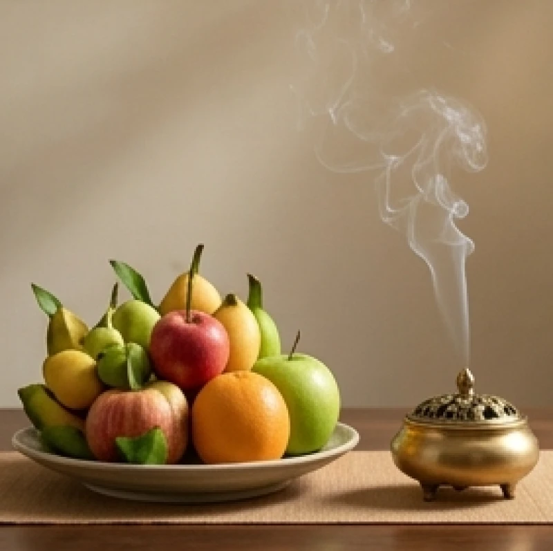 Mâm hoa quả tươi và lư hương đang cháy trầm nhẹ nhàng trên ban thờ gia tiên thanh tịnh