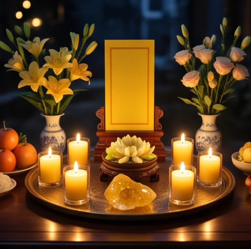 Bàn lễ dâng sao Thái Âm với bài vị vàng và vật phẩm phong thủy thạch anh thu hút tài lộc