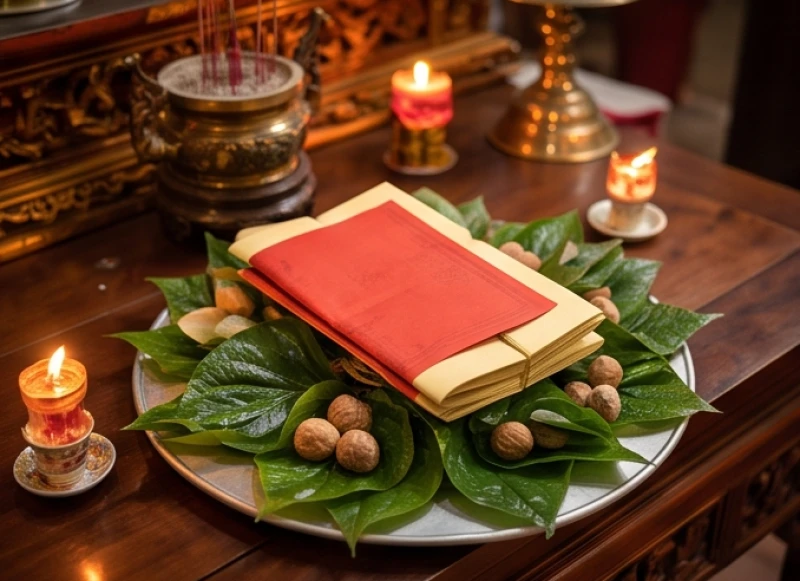Lá sớ cầu bình an màu đỏ được kẹp cẩn thận trên đĩa trầu cau bày gọn gàng trong khay lễ vật trang trọng