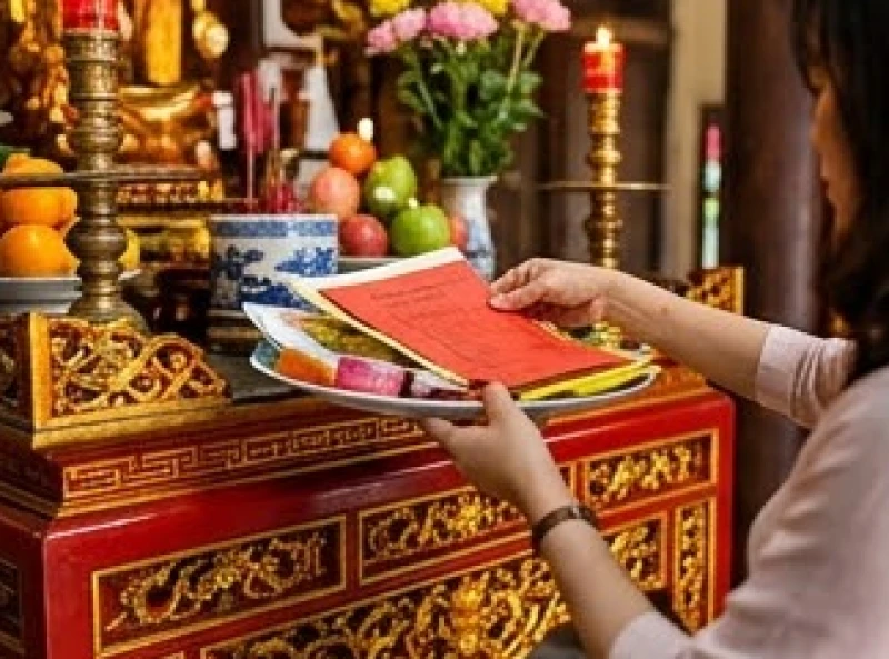 Văn khấn Đền Đông Cuông: Trình tự dâng lễ và bài cúng từng ban 9 Người hành hương cung kính nâng mâm lễ vật cùng lá sớ đỏ đặt lên án thư khu vực chính điện