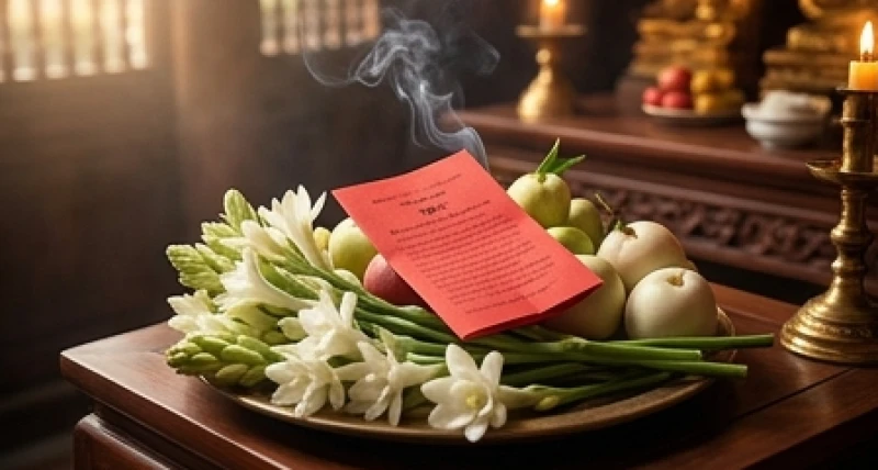 Lá sớ văn khấn đỏ được đặt cẩn thận trên mâm lễ trước khi dâng lên án thờ Quan Đệ Tam