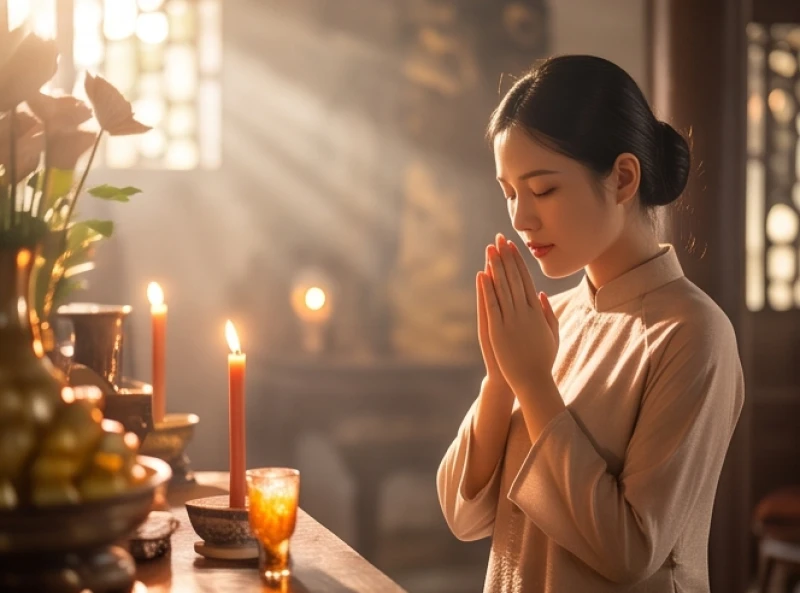 Người đi lễ mặc trang phục thanh lịch dâng hương khấn nguyện vào ngày rằm mùng một