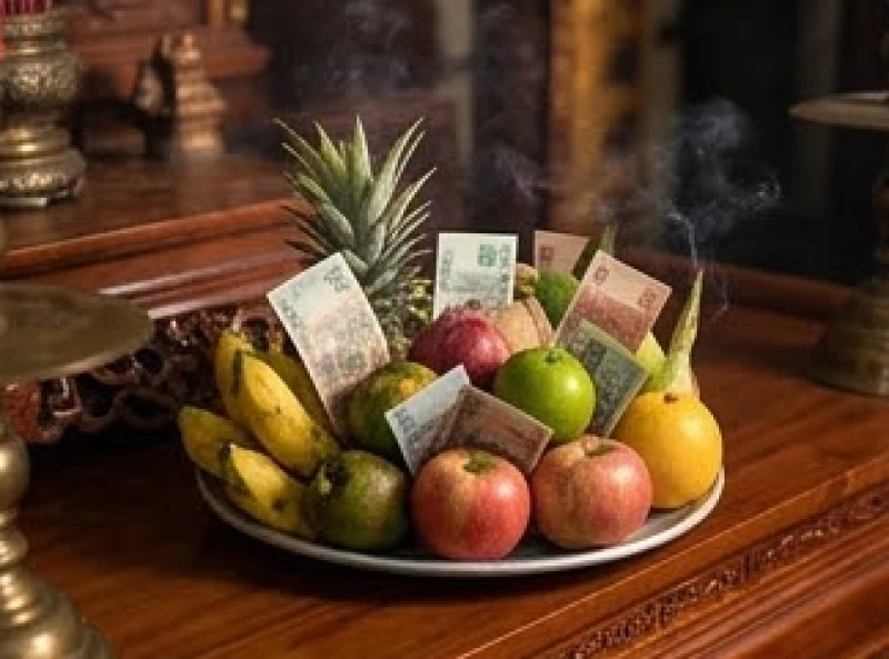 Kẹp tiền dương mệnh giá nhỏ vào đĩa hoa quả thay vì dùng giấy tiền âm phủ