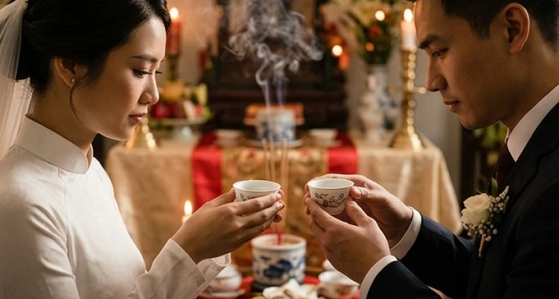 Tuổi Dần nên cưới vào năm nào: Cách tự tính Kim Lâu và mốc đại cát 14 Cô dâu chú rể kính cẩn dâng hai tách trà sen bằng sứ trong buổi lễ gia tiên, đằng sau là bát hương trầm nghi ngút khói mờ ảo