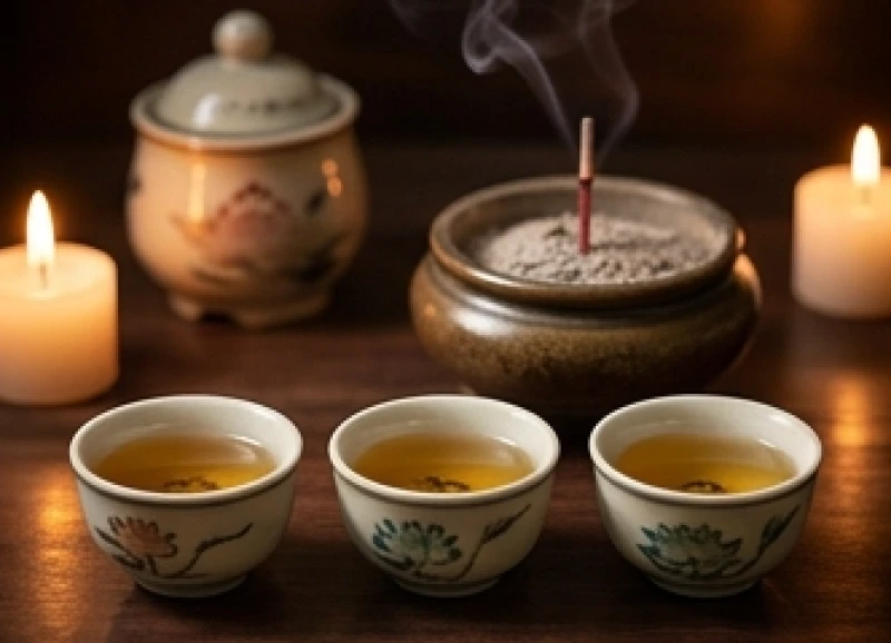 Ba chén trà sen pha nước ấm trong vắt đặt ngay ngắn trước bát hương trầm tỏa khói nhẹ nhàng