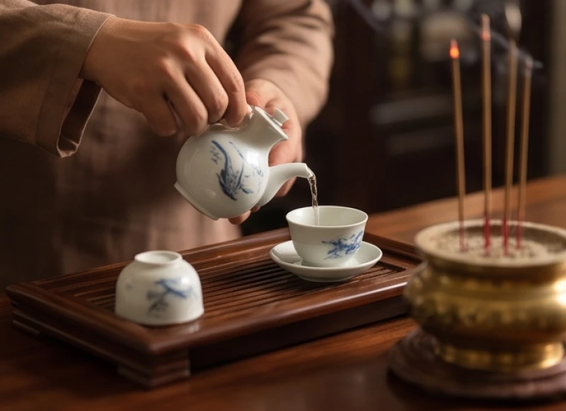 Bàn tay châm rượu và dâng trà lên chén sứ đặt trên mâm cúng giỗ trước khi bắt đầu đọc bài văn khấn