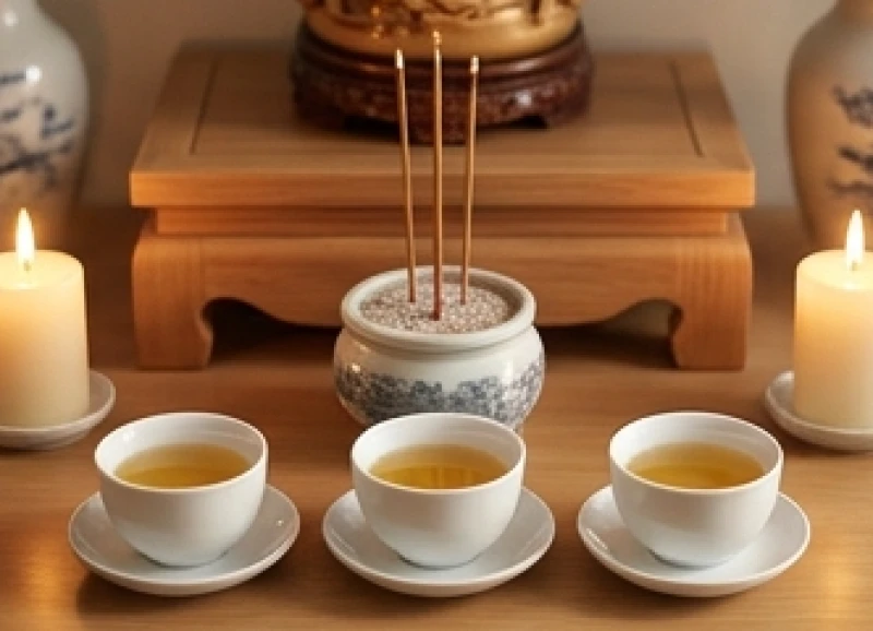 Ba chén nước trà trong vắt được rót cẩn thận trước khi gia chủ chắp tay lạy và bắt đầu đọc văn khấn.