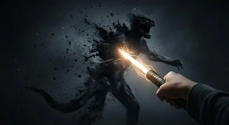 Bàn tay nắm chặt một thanh kiếm phát sáng chĩa về phía bóng đen quái thú đang dần tan biến vào hư không