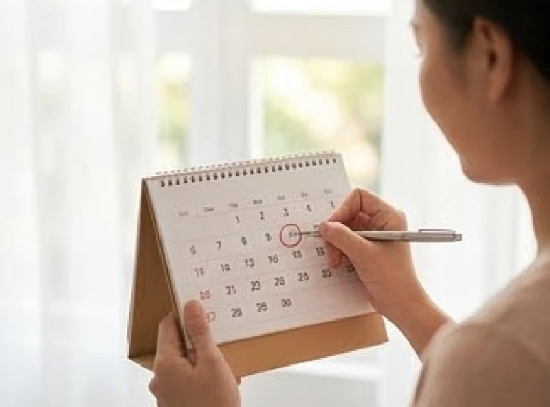 Bàn tay người phụ nữ đang khoanh tròn ngày dự kiến thụ thai trên cuốn lịch để bàn nhỏ gọn