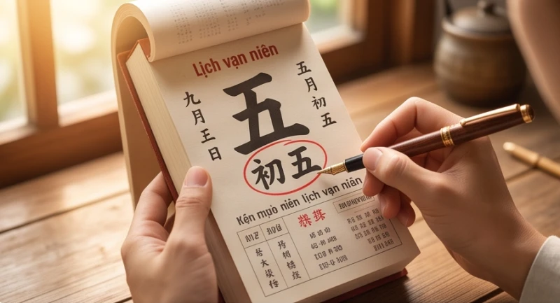 Bàn tay cầm bút khoanh tròn một ngày trên cuốn lịch vạn niên mộc mạc bên cạnh sổ tay