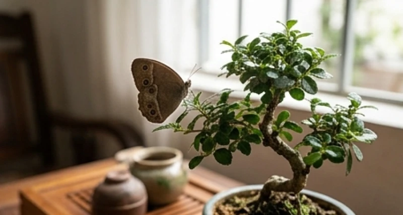 Côn trùng vào nhà là điềm gì: Giải mã điềm báo & cách xử lý 2 Cận cảnh một con bướm nâu đậu trên cành cây cảnh nhỏ đặt cạnh bàn trà phòng khách