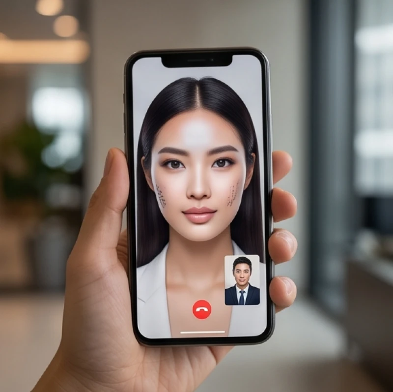 Cách xem tướng một người: Trình tự quan sát và ứng dụng thực tế 11 Màn hình điện thoại hiển thị khuôn mặt qua bộ lọc làm mờ đi các chi tiết khí sắc chân thực của người đối diện