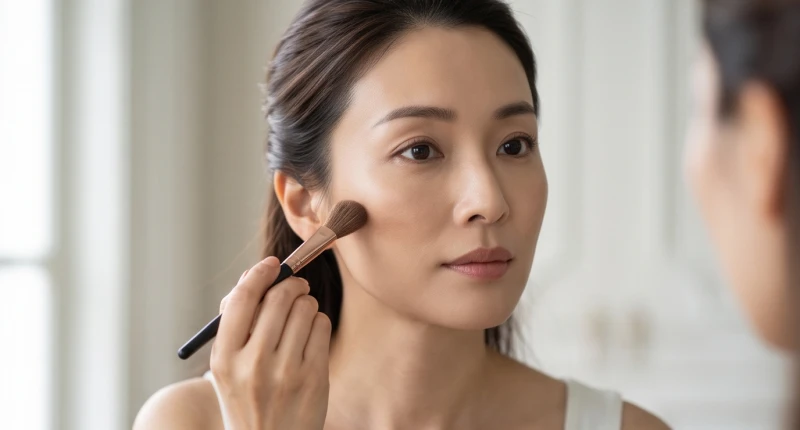 Dùng cọ vát tán phấn tối màu ngay dưới hốc má để tạo hiệu ứng bóng râm tự nhiên