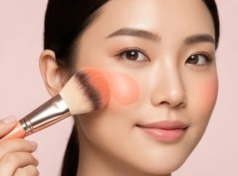 Thao tác dùng cọ trang điểm tán phấn má hồng tone cam đào lên vùng má hóp để tạo hiệu ứng căng đầy