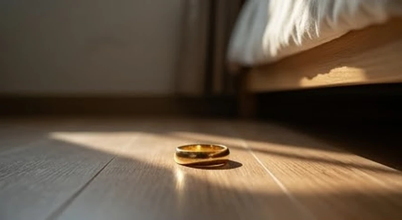 Chiếc nhẫn vàng nằm lăn lóc dưới gầm giường trong bóng tối sau khi vô tình bị đánh rơi