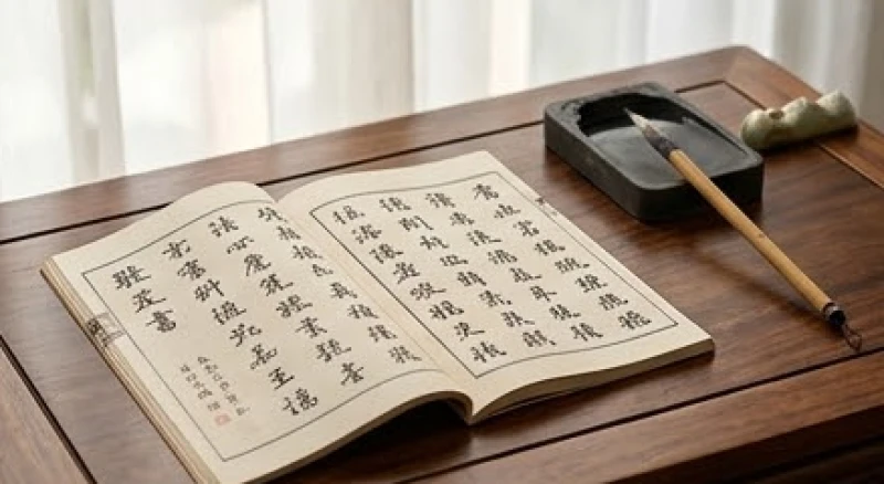 Cuốn sổ thư pháp ghi chép các tuổi phạm Thái Tuế năm Đinh Mùi nằm trên bàn làm việc bằng gỗ trầm