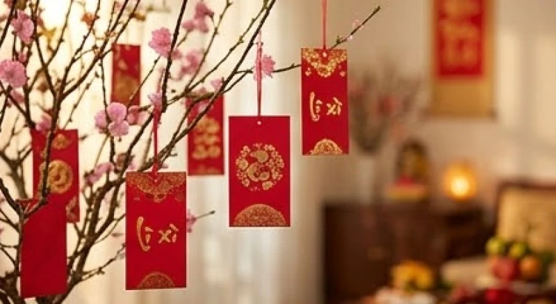 Gia chủ tuổi Dần chọn người xông đất năm 2027: Bảng tra nạp âm 4 Những chiếc phong bao lì xì đỏ thắm mang họa tiết vàng được treo cẩn thận trên cành đào bích