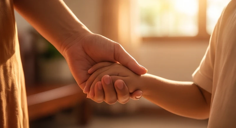 Hai bàn tay đan vào nhau trong ánh sáng ấm áp, thể hiện sự hàn gắn tình cảm gia đình sau khi trải qua cảm giác tội lỗi