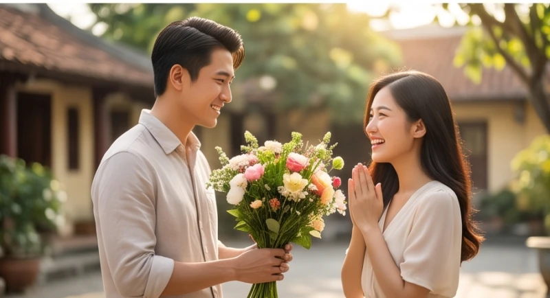 Chàng trai trao bó hoa tươi thắm cho cô gái mỉm cười rạng rỡ