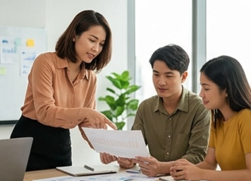Trưởng nhóm đang giao việc và thúc đẩy tiến độ hoàn thành dự án cùng các thành viên trong ban