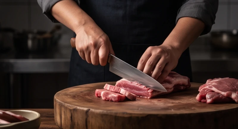 Mơ thấy ăn thịt rắn: Giải mã điềm hung cát & con số may mắn 5 Bàn tay thợ săn đang dùng dao sắc bén để mổ xẻ và sơ chế phần thịt tươi trên thớt gỗ