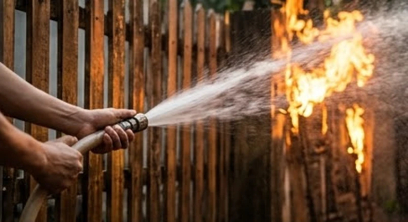 Cháy nhà bên cạnh là điềm gì: Giải mã tâm linh và con số tài lộc 4 Một người đang cầm vòi nước dập tắt ngọn lửa nhỏ bùng lên từ hàng rào gỗ