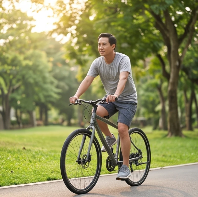 Người trung niên đạp xe thong thả trong công viên vào sáng sớm để rèn luyện sức khỏe