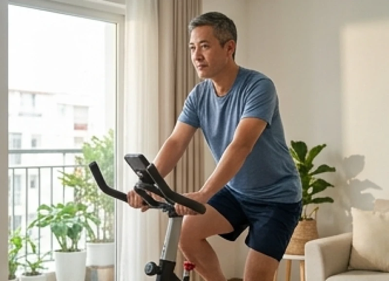 Sức khỏe tuổi Mão năm 2026: Dự báo vận hạn và phác đồ dinh dưỡng 4 Một người lớn tuổi đang tập đạp xe tĩnh trong nhà để bảo vệ khớp gối và duy trì sự dẻo dai của cơ thể