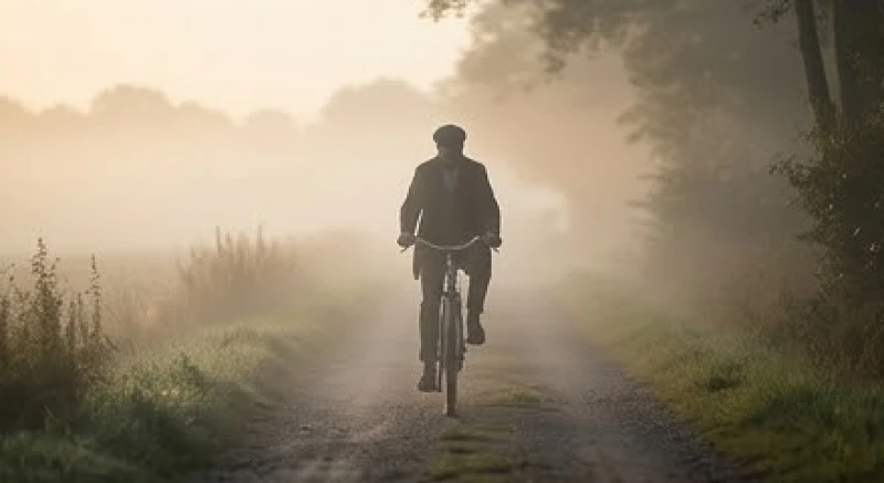 Mơ thấy đi xe đạp: Giải mã điềm báo, con số và mẹo giải tỏa tâm lý 1 Hình ảnh một người đang một mình nỗ lực đạp xe về phía trước giữa không gian mờ sương