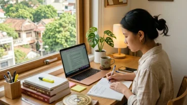 Góc học tập bố trí cạnh cửa sổ minh họa cách đặt bàn học hướng nào cho trẻ tuổi dần chuẩn phong thủy