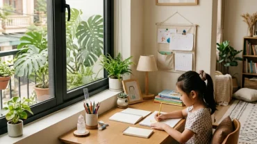 Góc học tập phong thủy minh họa cách đặt bàn học hướng nào cho trẻ tuổi mão giúp tăng cường sự tập trung
