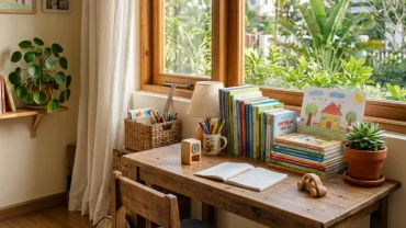 Góc học tập gọn gàng minh họa cách đặt bàn học hướng nào cho trẻ tuổi ngọ theo chuẩn phong thủy Á Đông