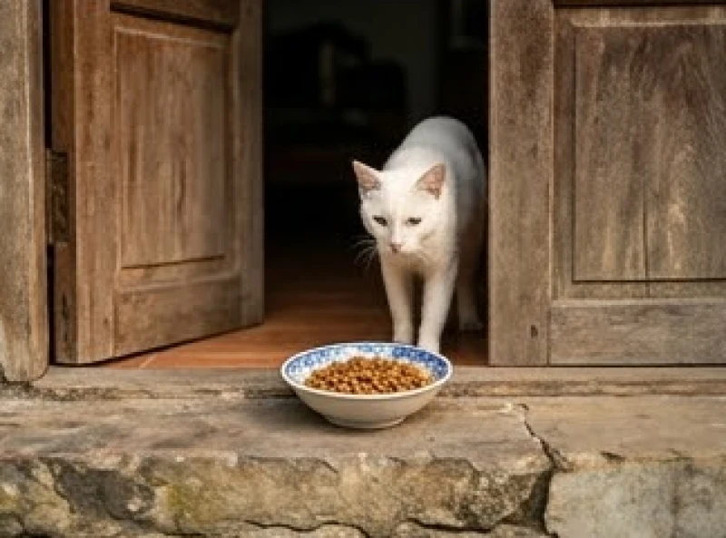 Mèo trắng vào nhà là điềm gì: Giải mã khung giờ và màu lông 8 Một chén hạt khô được đặt cẩn thận ở ngoài bậc cửa hiên để dẫn dụ chú mèo hoang rời đi