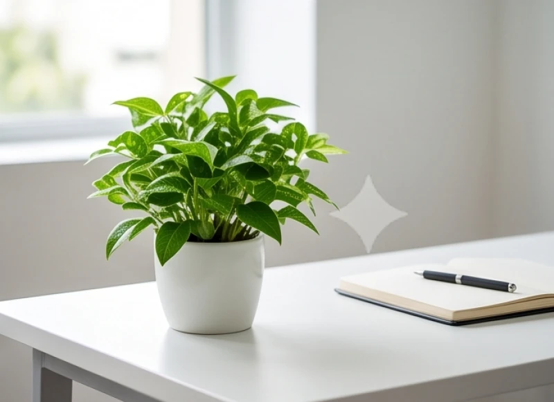Chậu cây xanh được xếp gọn gàng về góc bên trái của bàn làm việc đại diện cho cung Thanh Long